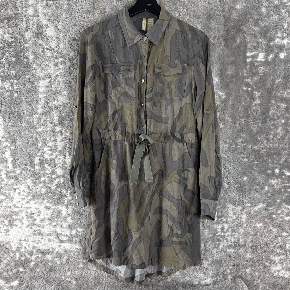 Japna Size S Camo Casual Button Dress Gray Collar Tie Long Sleeve